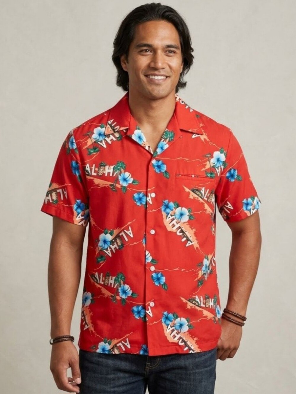 Vintage Hawaiian Shirt Made in Hawaii USA Red Floral Aloha Flowers Mens Medium